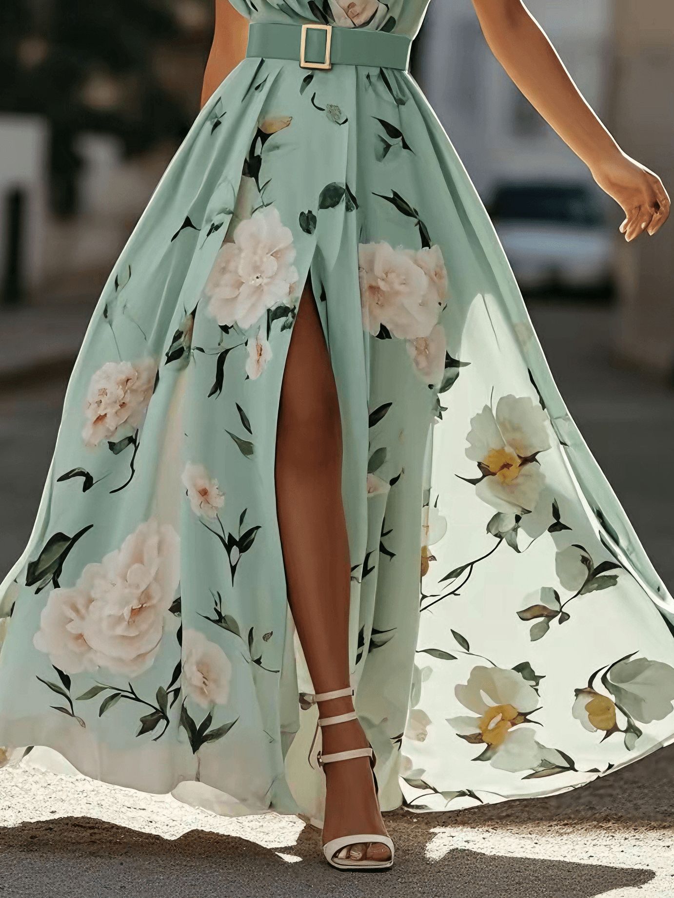 Abito Maxi Monospalla Floreale Verde