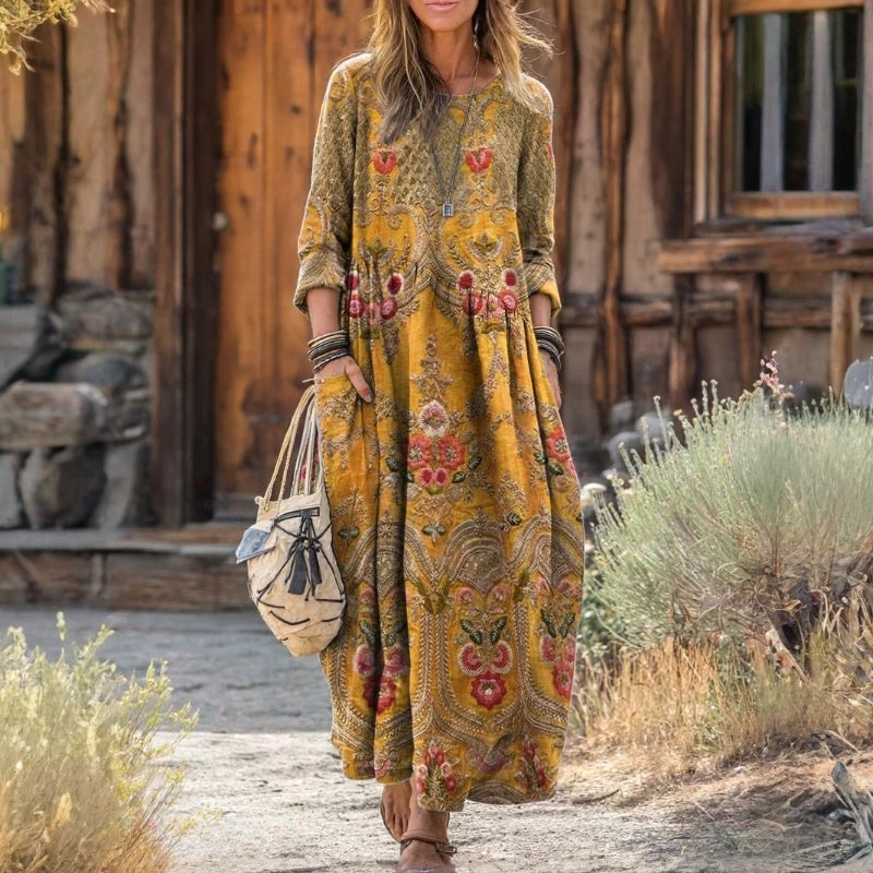 【Lange Ärmel】Vintage-Kleid Mit Blumendruck