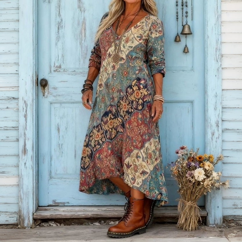 【Lange Ärmel】Vintage-Kleid Mit Ethnischem Print