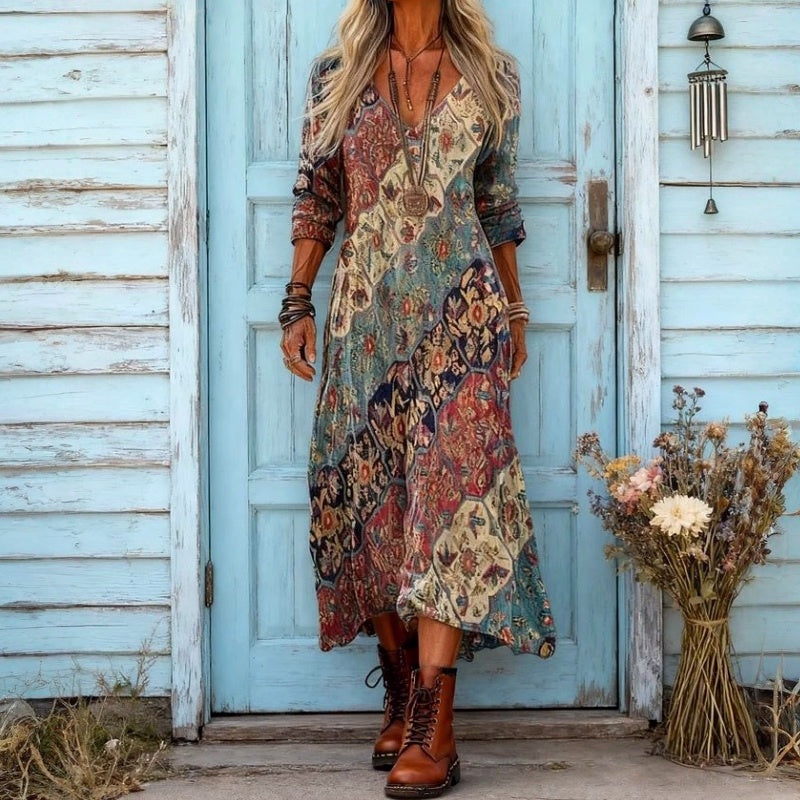 【Lange Ärmel】Vintage-Kleid Mit Ethnischem Print