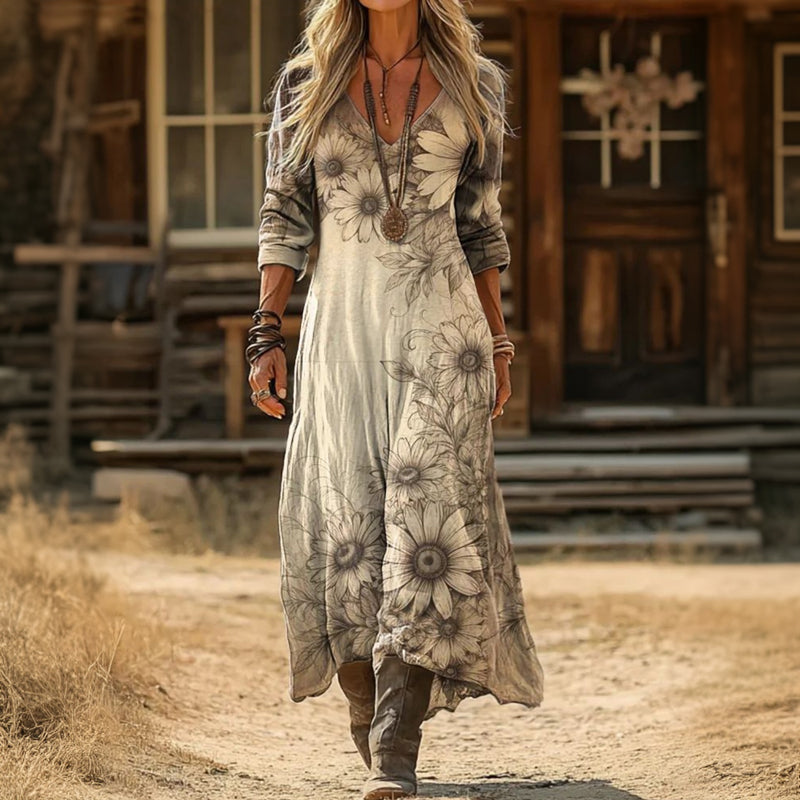 【Lange Ärmel】Vintage-Kleid Mit Blumendruck