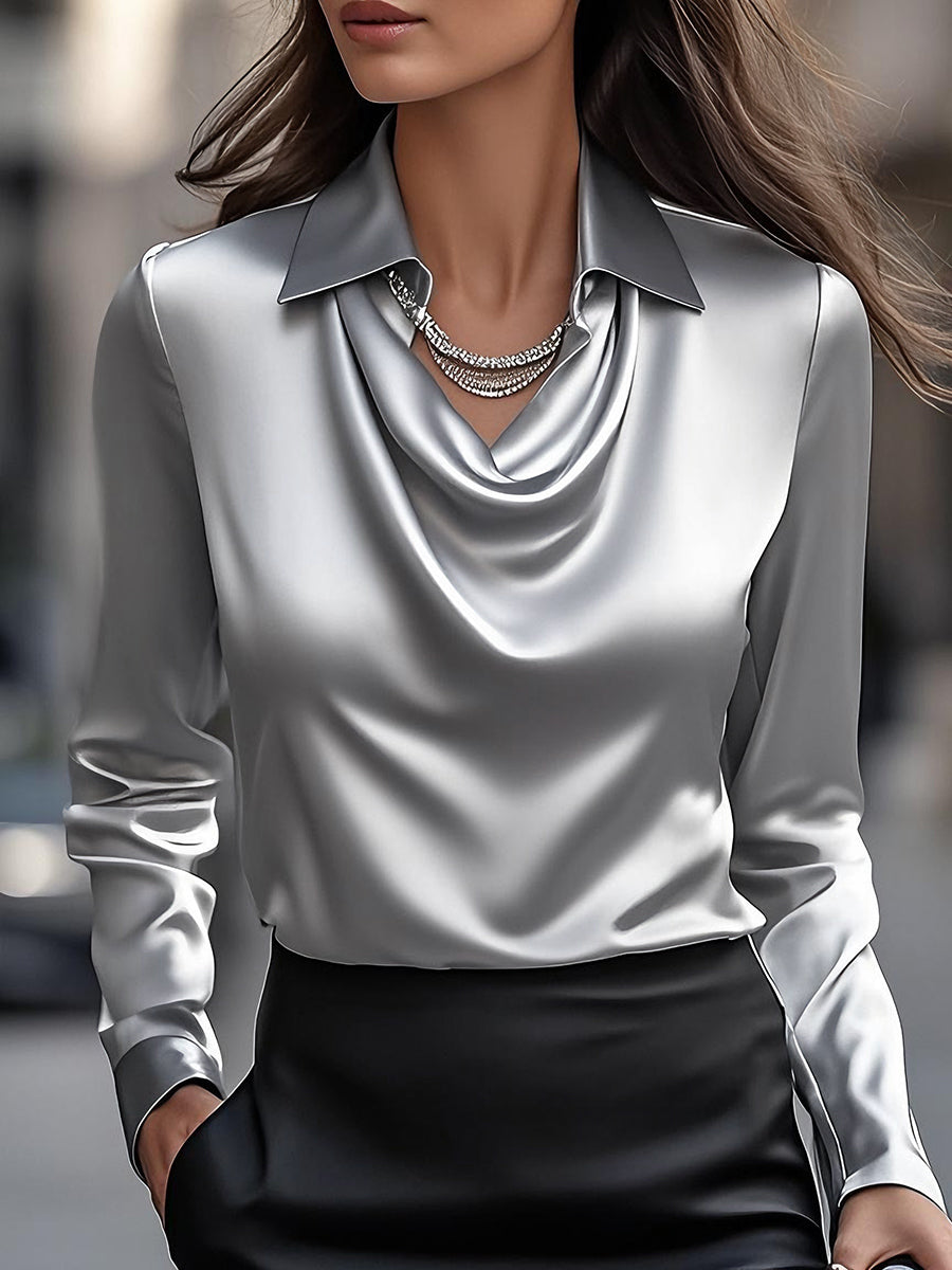 Camicetta Elegante in Raso Bianco con Scollo Drappeggiato