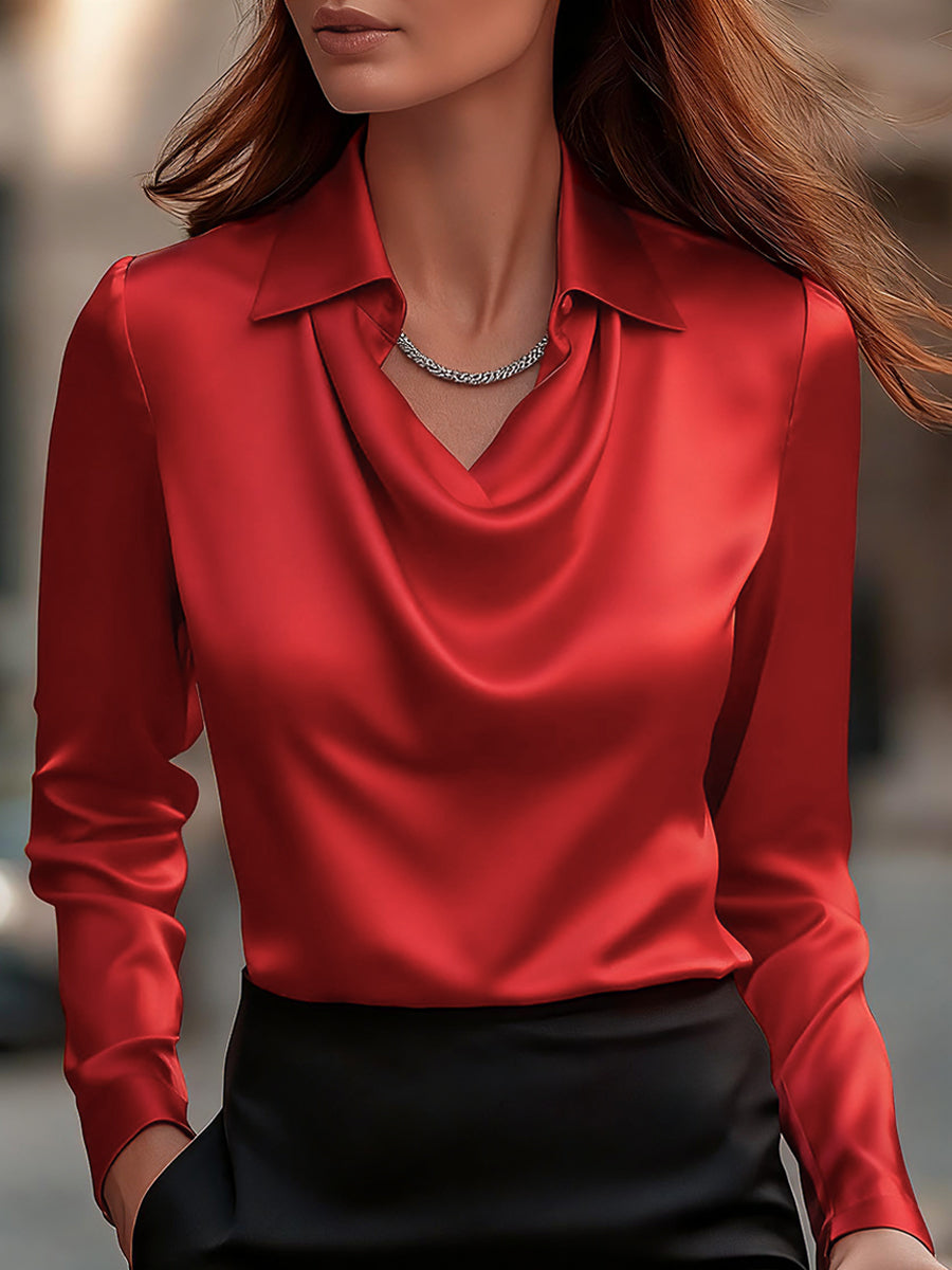Camicetta Elegante in Raso Bianco con Scollo Drappeggiato