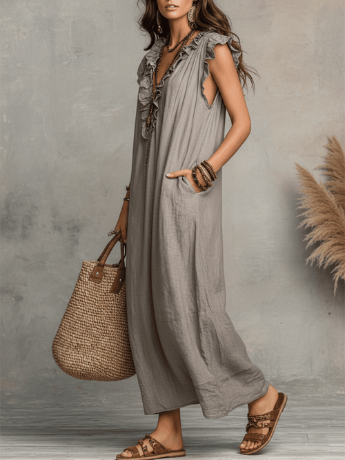 Abito Maxi Boho Smanicato con Volant e Scollo a V
