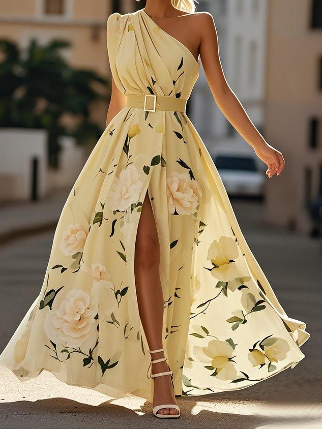 Abito Maxi Monospalla Floreale Verde