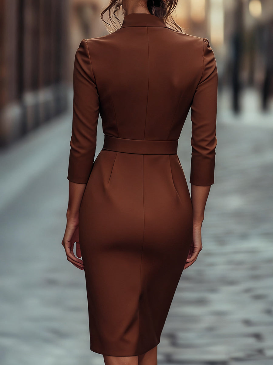 Abito tubino nero elegante con cintura e collo alla coreana