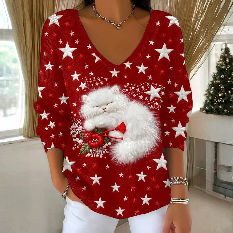 T-Shirt Mit Weihnachtskatzenmuster