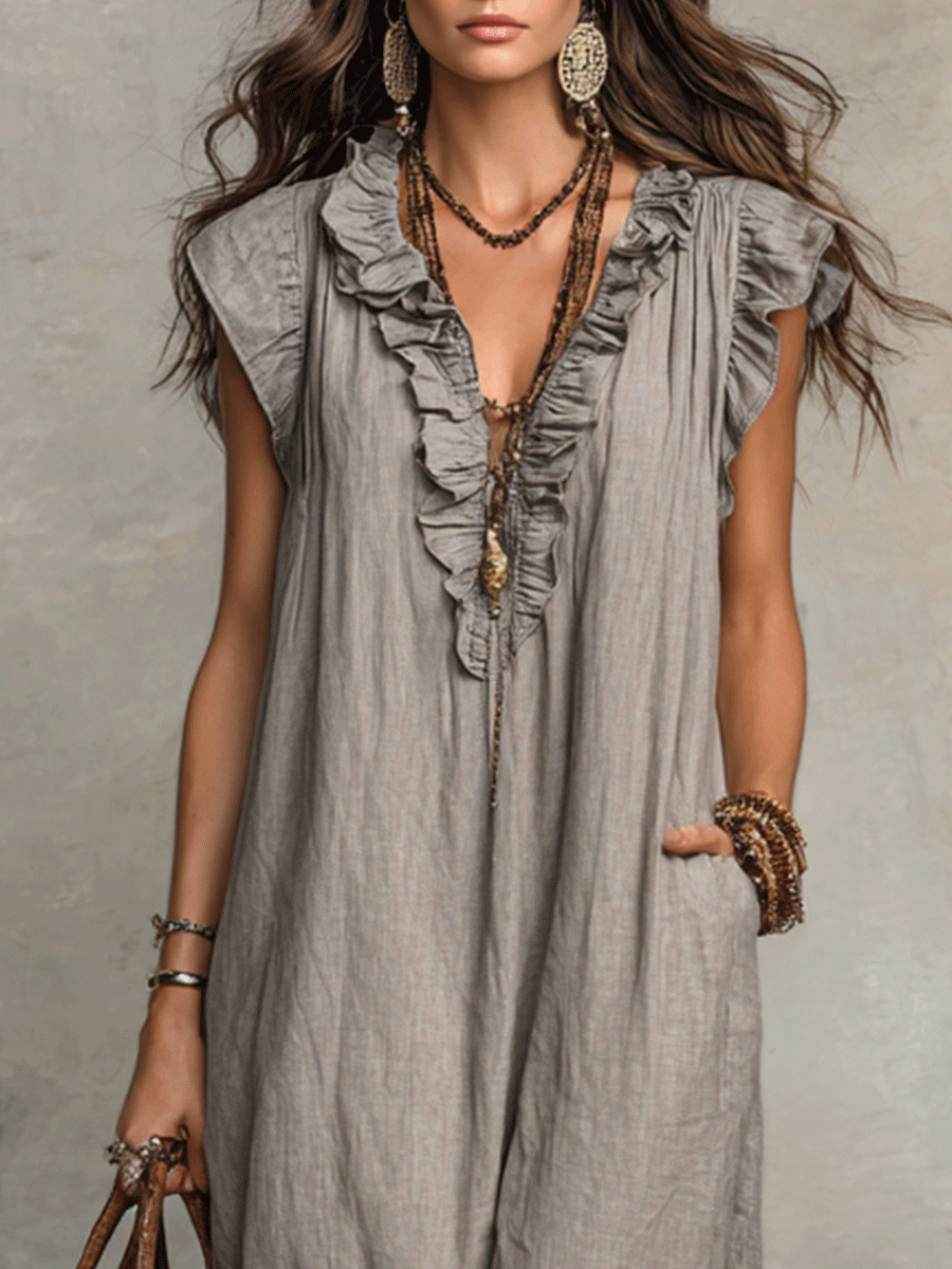 Abito Maxi Boho Smanicato con Volant e Scollo a V