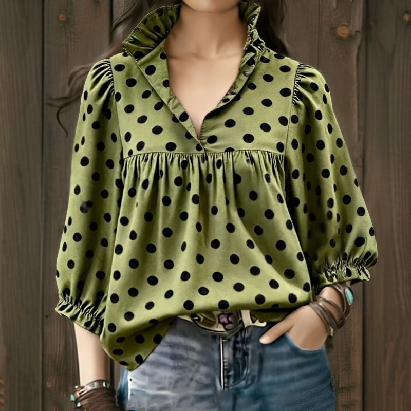 【Lange Ärmel】Bluse Mit Vintage-Punkten