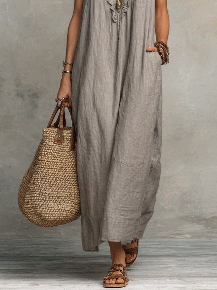 Abito Maxi Boho Smanicato con Volant e Scollo a V