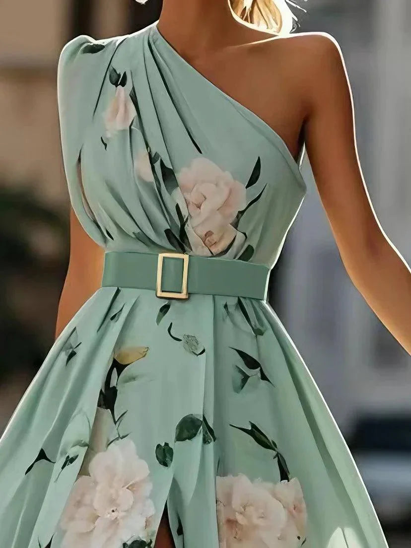 Abito Maxi Monospalla Floreale Verde