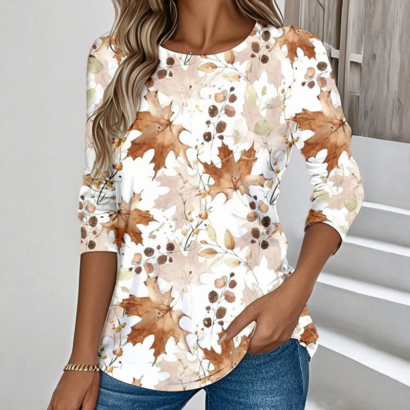 【Lange Ärmel】Lässiges T-Shirt Mit Blätterprint