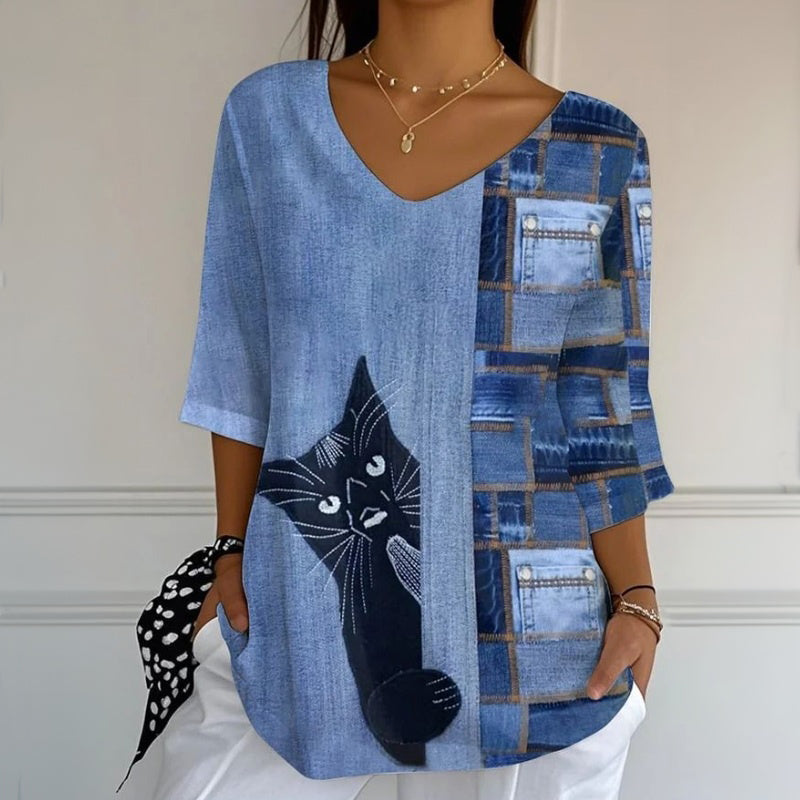 Vintage-Bluse Mit Katzenprint