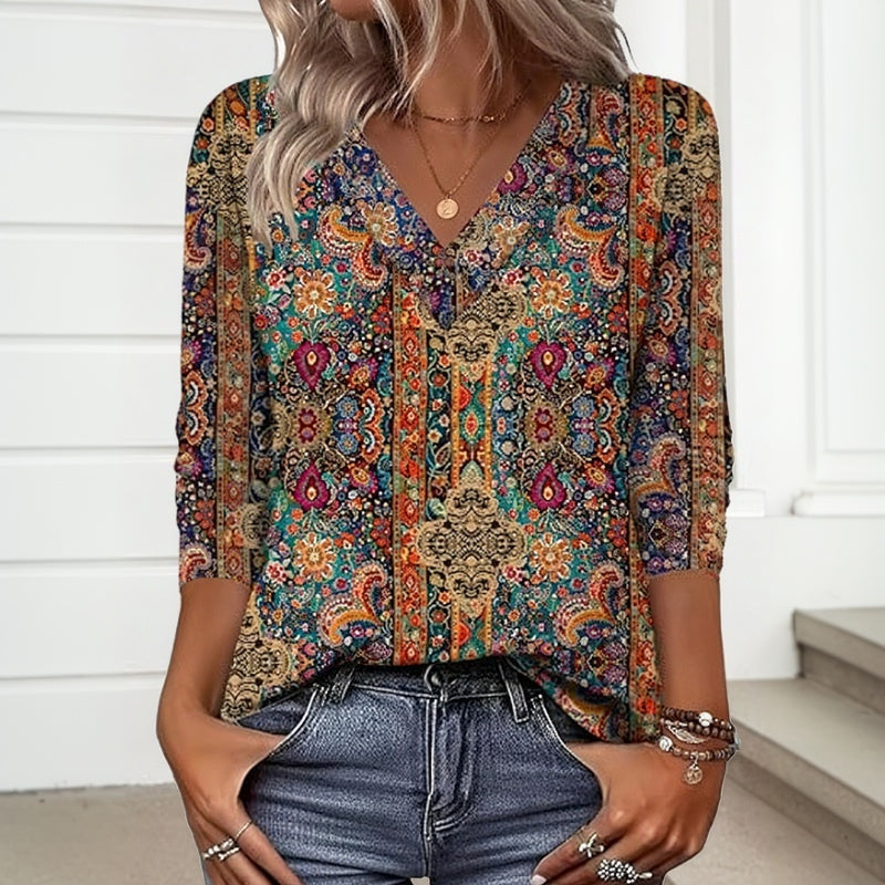 【Lange Ärmel】Vintage-T-Shirt Mit Ethno-Print