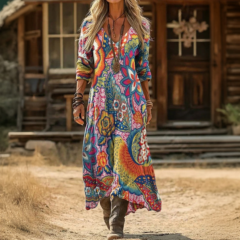 【Lange Ärmel】Buntes Kleid Mit Blumendruck