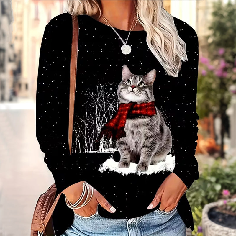 Lässiges T-Shirt Mit Katzen-Druck