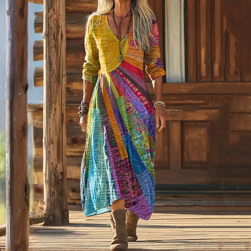 【Lange Ärmel】】Vintage-Kleid In Bunten Farben
