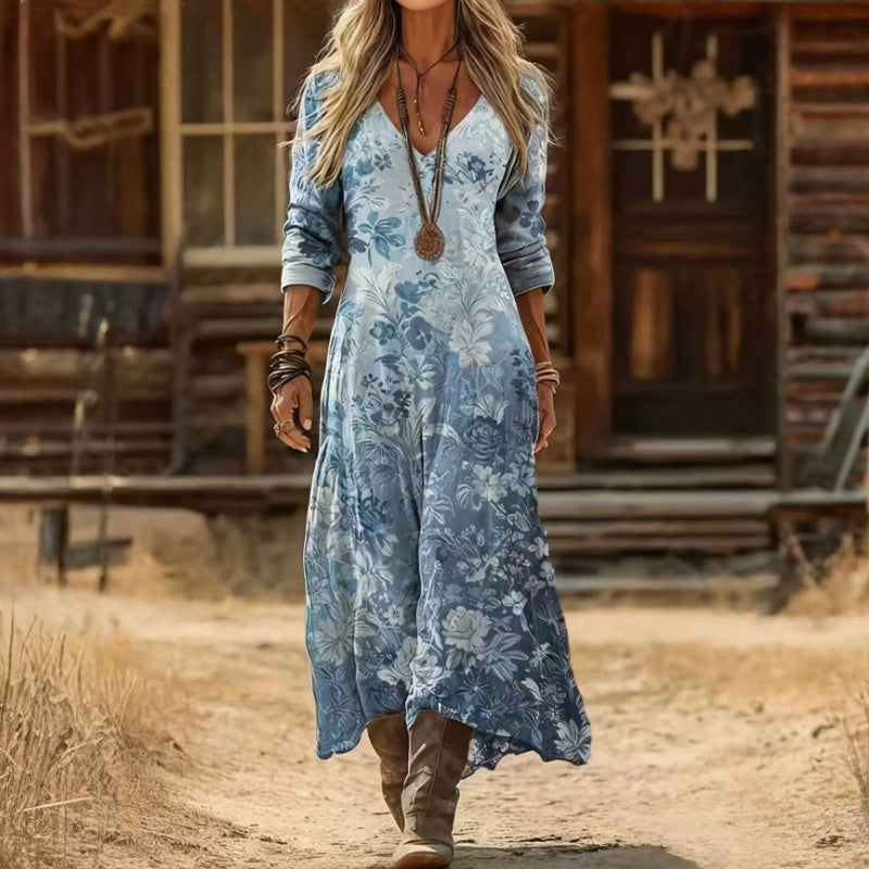 【Lange Ärmel】Vintage-Kleid Mit Blumendruck