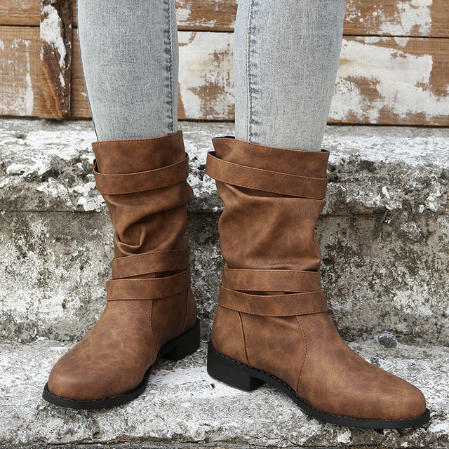 Vintage Wadenmitte-Stiefel Mit Schnalle