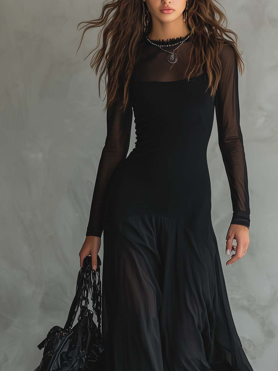 Neroa | Vestido Maxi de Tul Negro con Corte Suelto