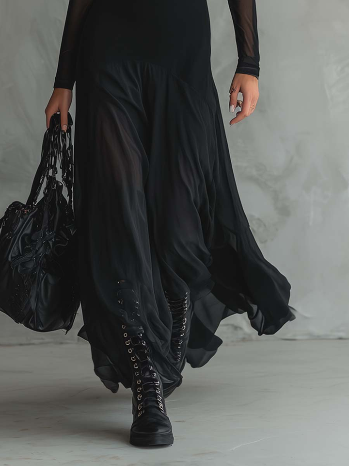 Neroa | Vestido Maxi de Tul Negro con Corte Suelto