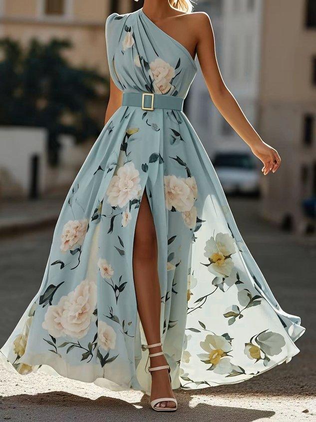 Abito Maxi Monospalla Floreale Verde