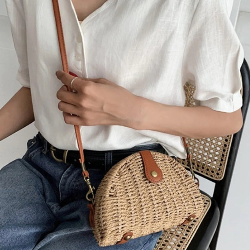 Vintage Halbrunde Strohtasche