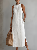 Jimena | Abito midi in lino con collo alla coreana