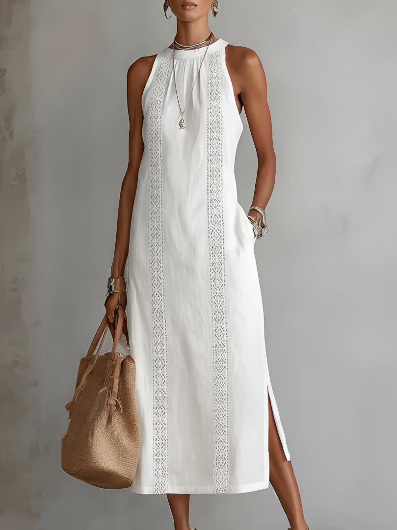 Jimena | Abito midi in lino con collo alla coreana