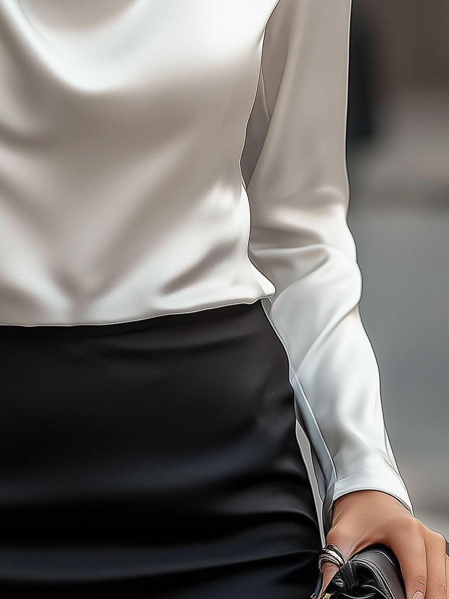 Camicetta Elegante in Raso Bianco con Scollo Drappeggiato