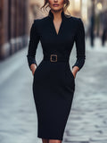 Abito tubino nero elegante con cintura e collo alla coreana