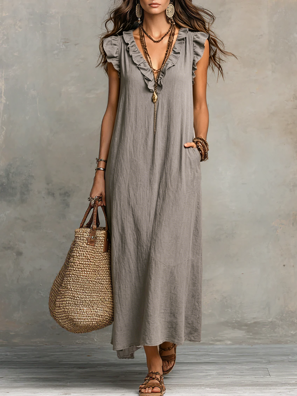 Abito Maxi Boho Smanicato con Volant e Scollo a V