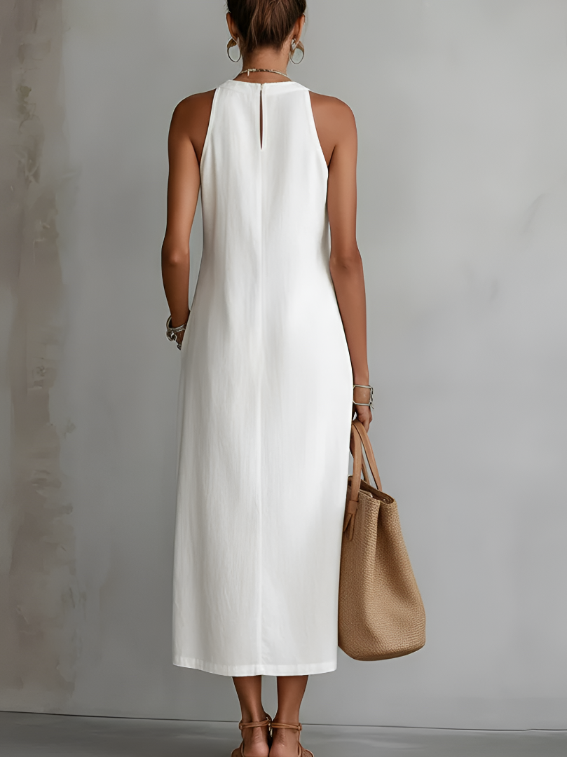 Jimena | Abito midi in lino con collo alla coreana