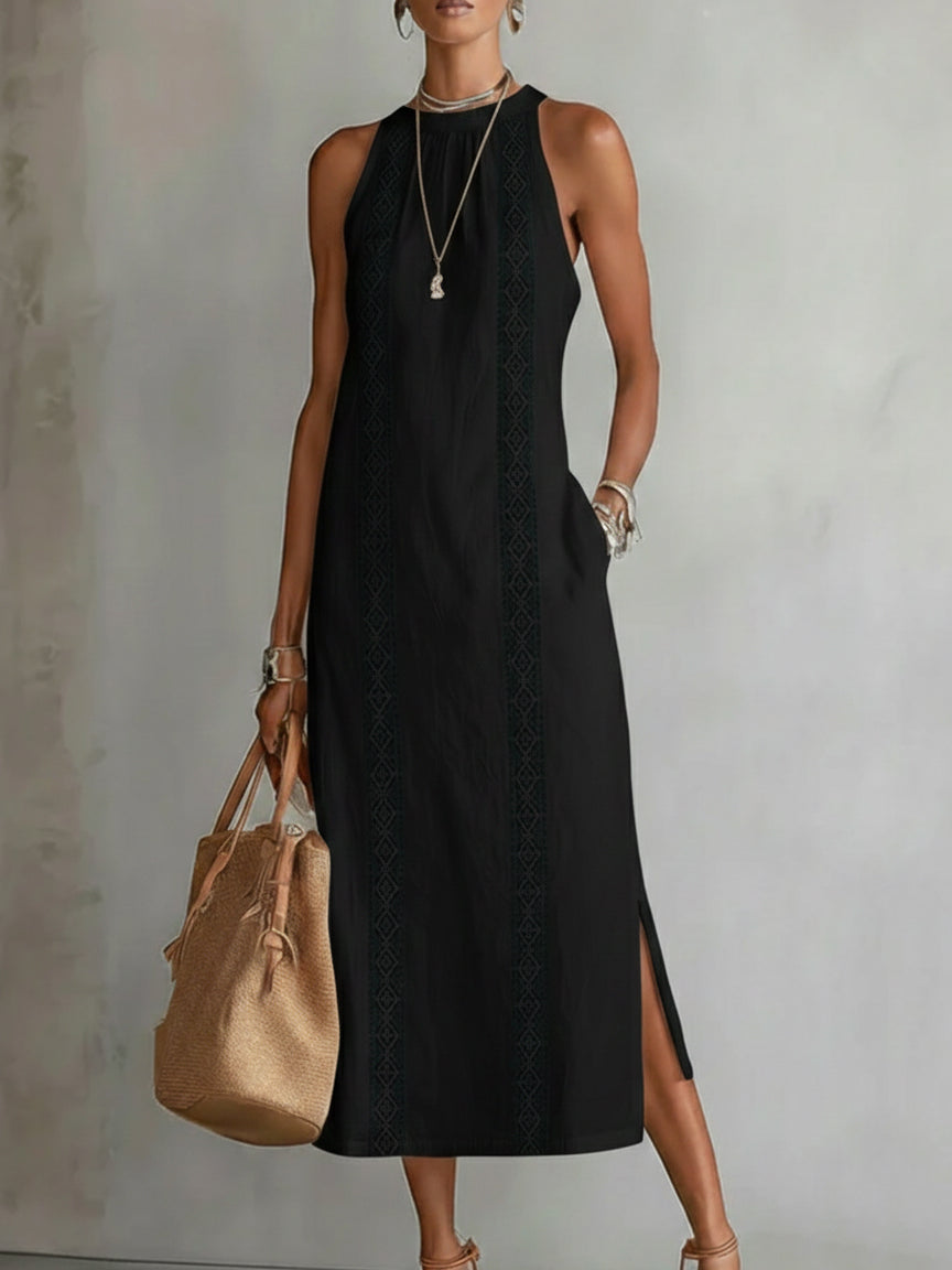 Jimena | Abito midi in lino con collo alla coreana