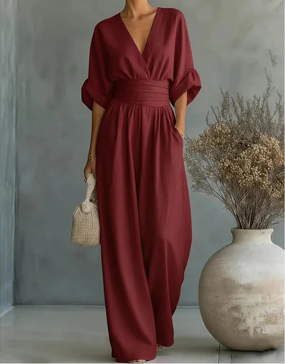 Daniela - Tuta elegante con scollo a V e gamba larga